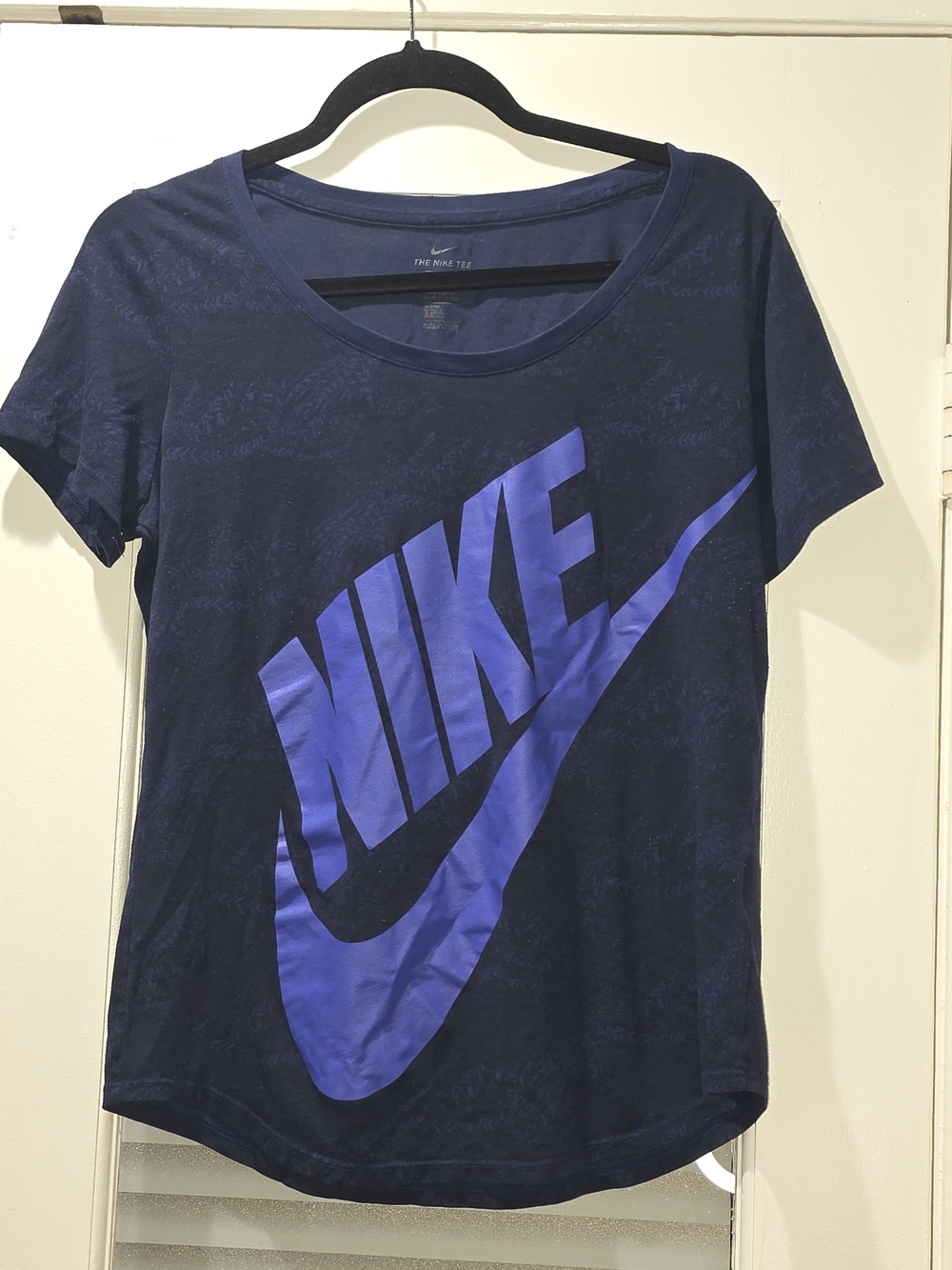 Nike Women's Navy Tee with Large Purple Logo